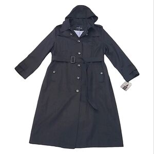 London Fog Hooded Maxi Trench Coat Button Down Water-repellent Rain Jacket NWT